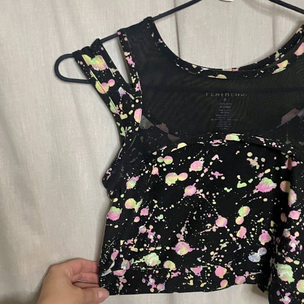 Feathers Women's Black & Neon Splatter Print Cropped Tank, Mesh & Fabric Sz S - Picture 5 of 10